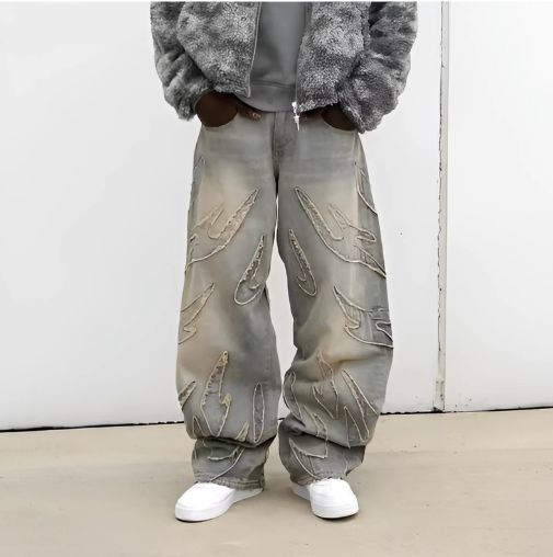 Retro Hip Hop Loose Y2k Men Jeans Harajuku Embroidered Denim Split